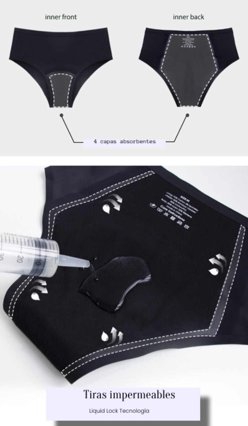 Collection of images showing gusset and rear protection of absorbency fluids waterproof layers with double liquid lock technology