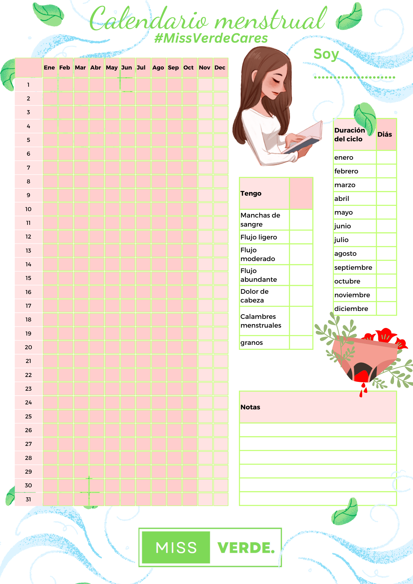 Period tracker downloable printable Spanish