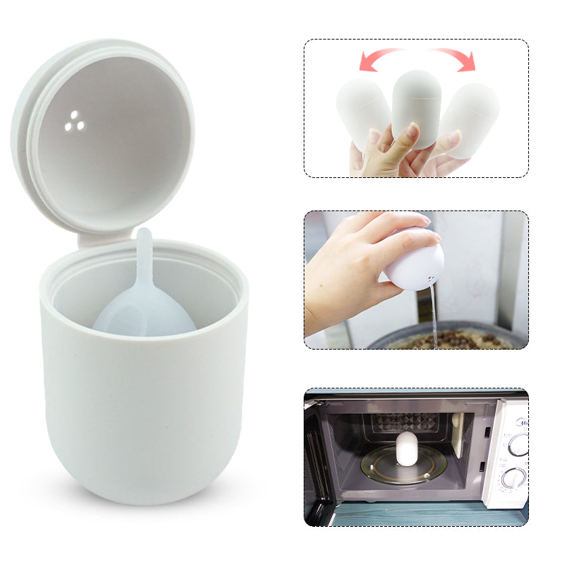 white Carry Cup with menstrual cup inside, hands holding Carry Cup making a shaking movement, hand pouring water out, Carry Cup in microwave 