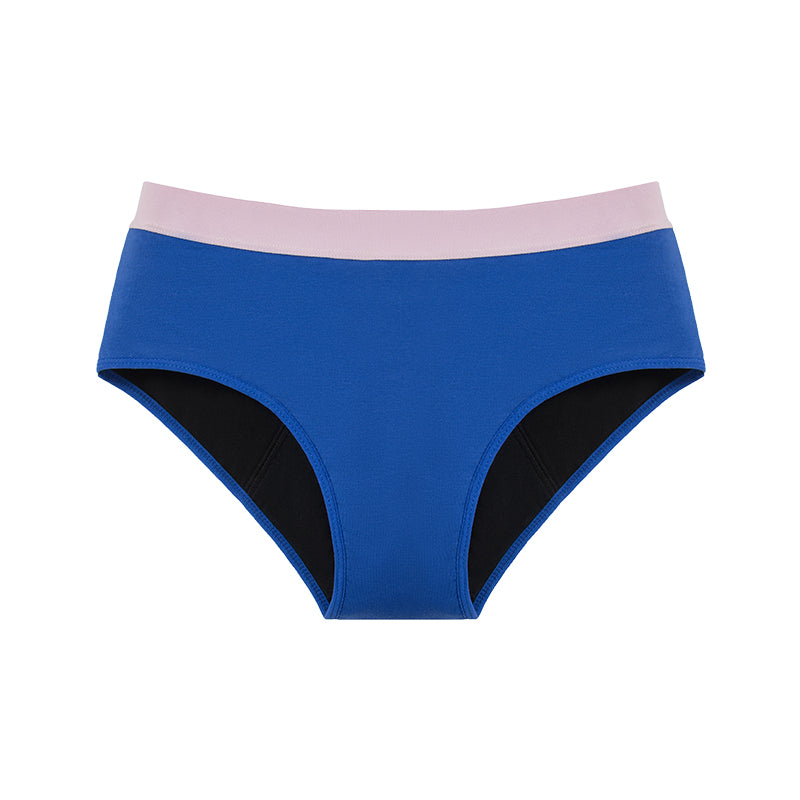 full view menstrual absorbent underwear for young girls and teens dark blue with pink