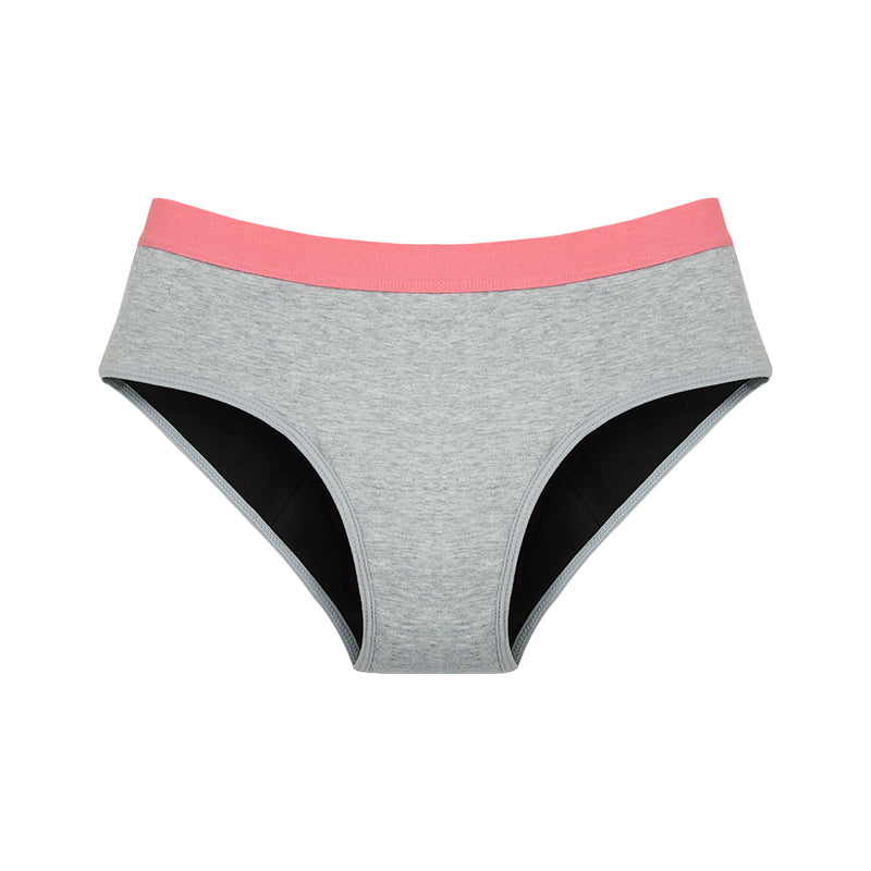 full view menstrual absorbent underwear for young girls and teens grey with pink
