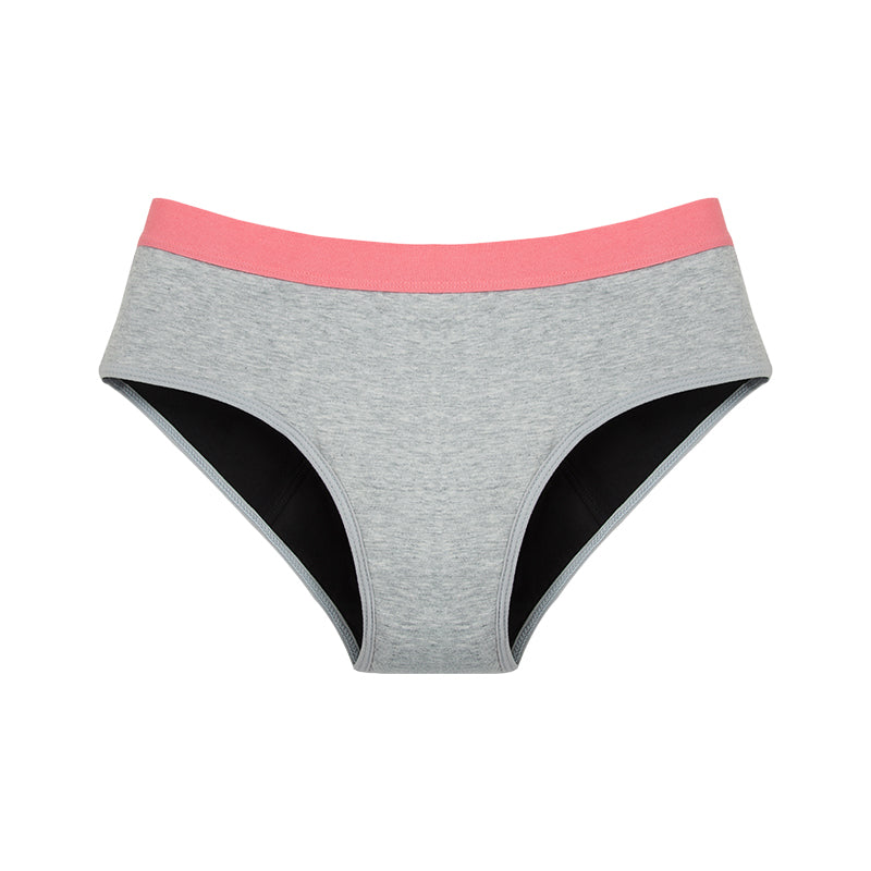 full view menstrual absorbent underwear for young girls and teens grey with pink