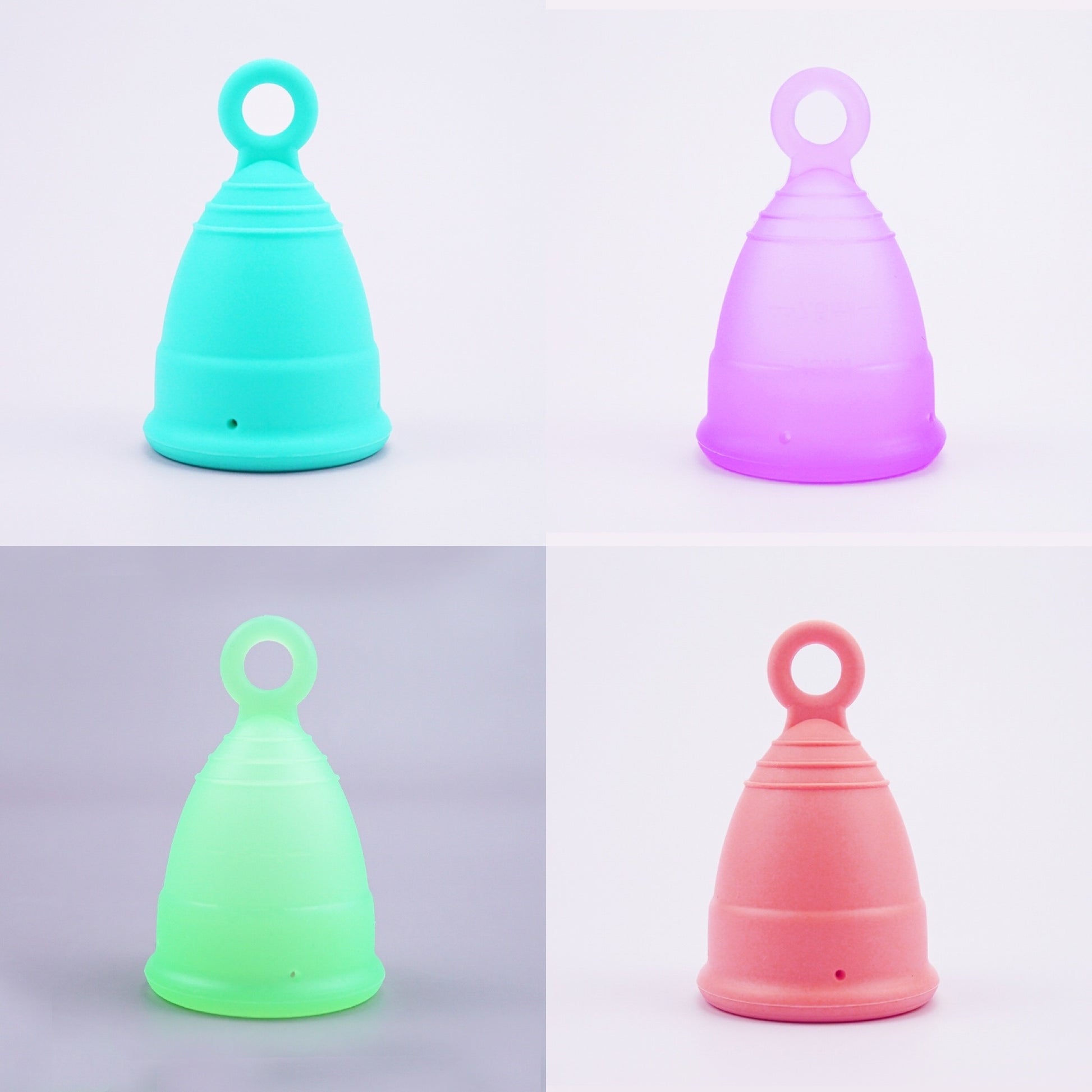 Collection image of menstrual cups with rings, green, peach, cyan, Lila